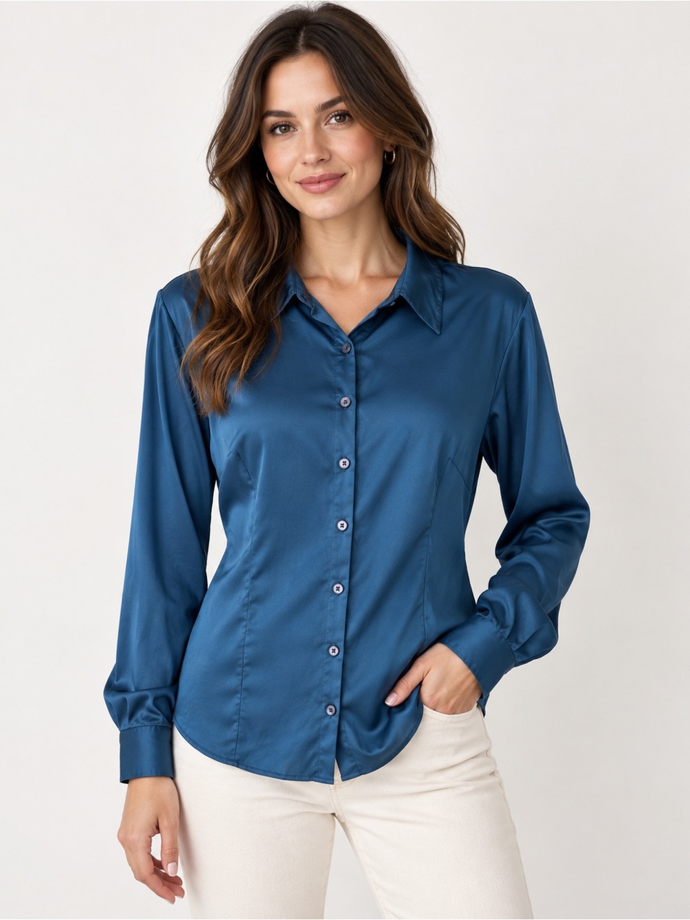 TU Teal Satin Button-Front Shirt Size 20 UK Holiday Dressy Evening Office